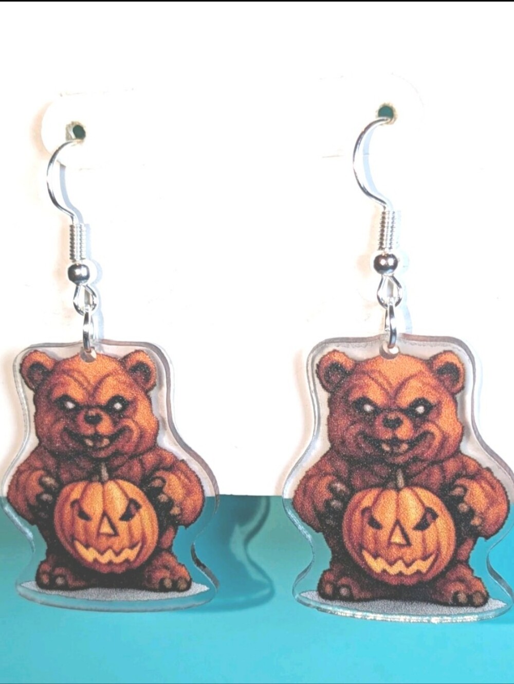 Hand Crafted Brown Bear with Orange Pumpkin Halloween Earrings